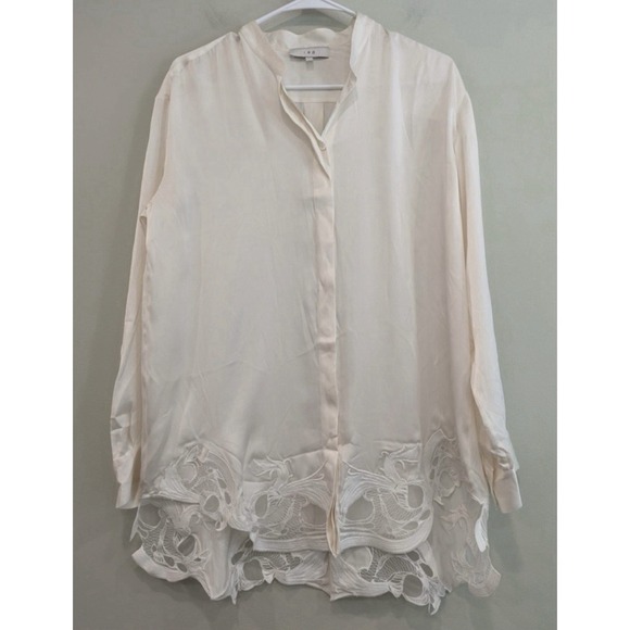 IRO Womens 38 US 6 Silk White Button Up Blouse Long Sleeve With Lace Bottom $400 - Picture 1 of 7